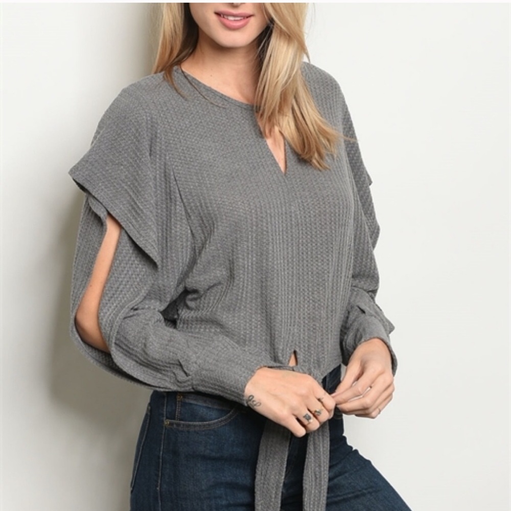 Gray Ruffled Tie Front Knit Top